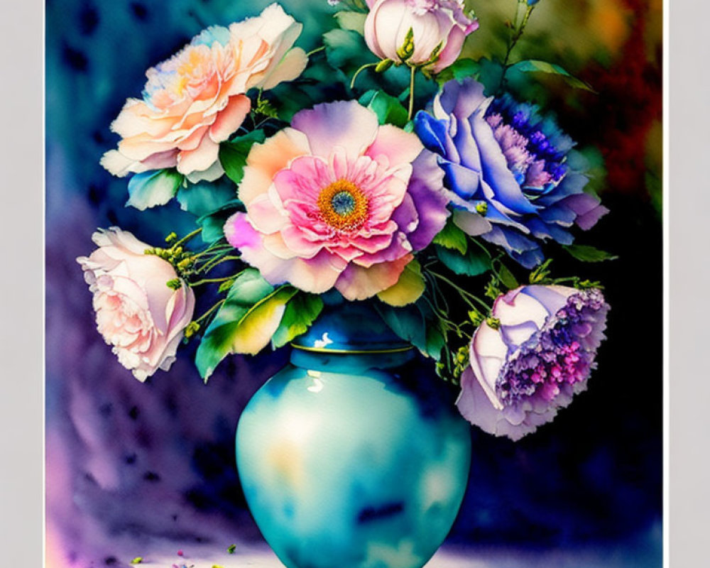 Colorful painting of blue vase with pink, white, and blue flowers on speckled background