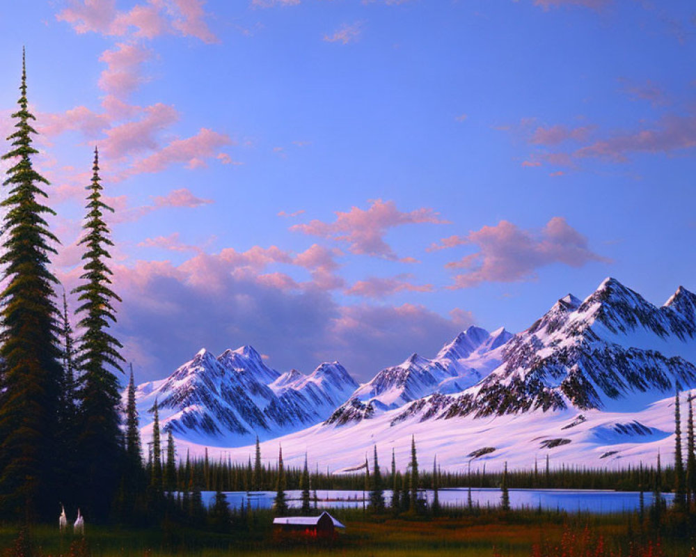 Snowy mountains, red-roofed cabin, pine forest, pink-tinged sky at dusk