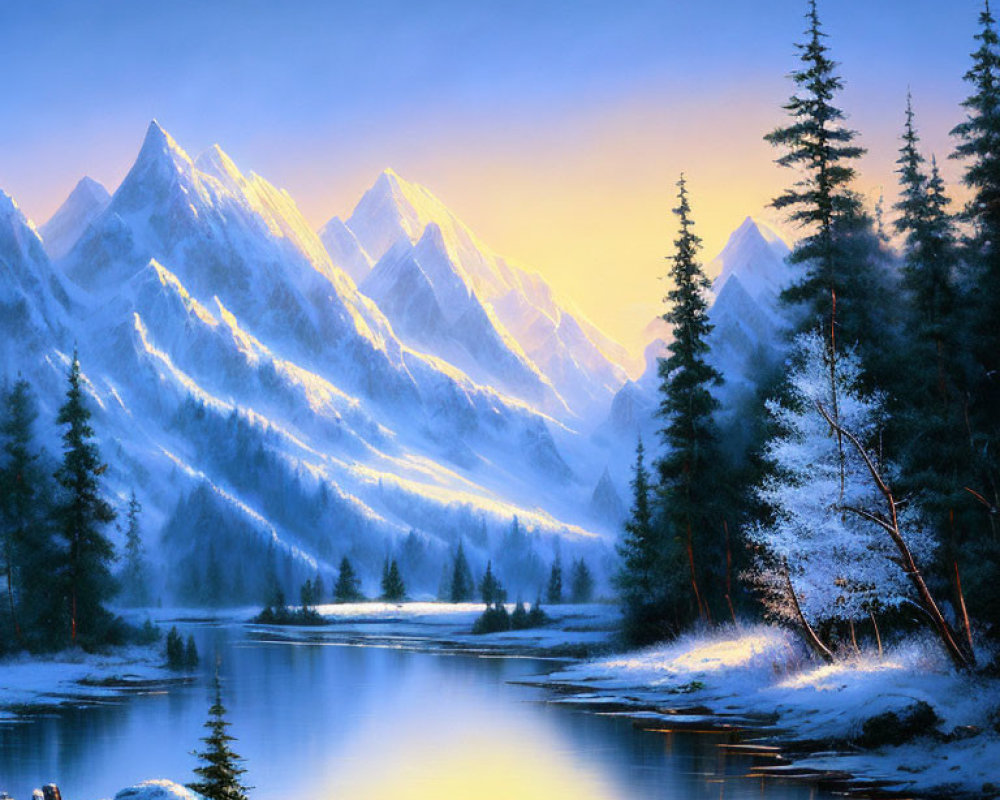 Snow-capped mountains, evergreen trees, and calm river in serene winter landscape