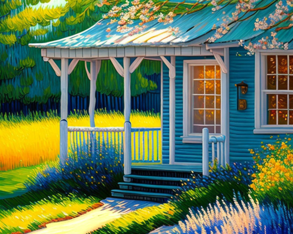 Colorful painting of a blue cottage in lush garden