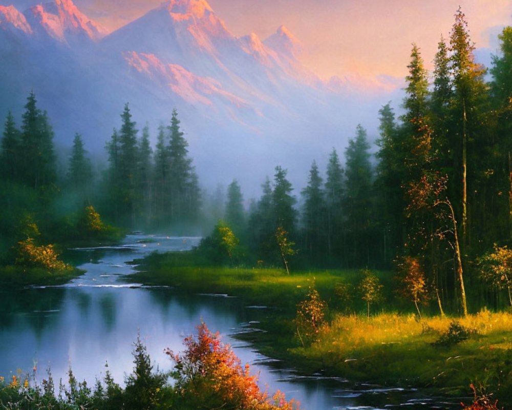 Tranquil river landscape with lush forests and mountains