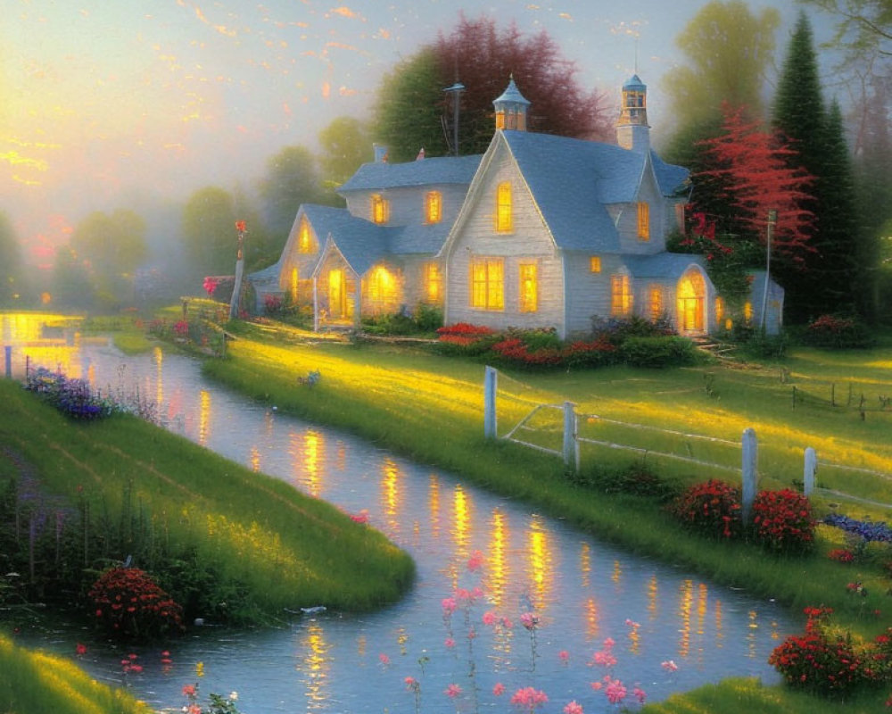 Tranquil riverside cottage at twilight with warm interior lights, lush gardens, and vibrant sky