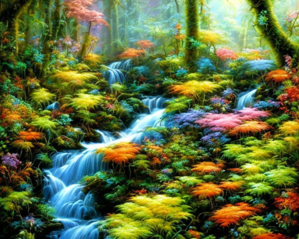 Lush Forest with Cascading Waterfall and Misty Foliage