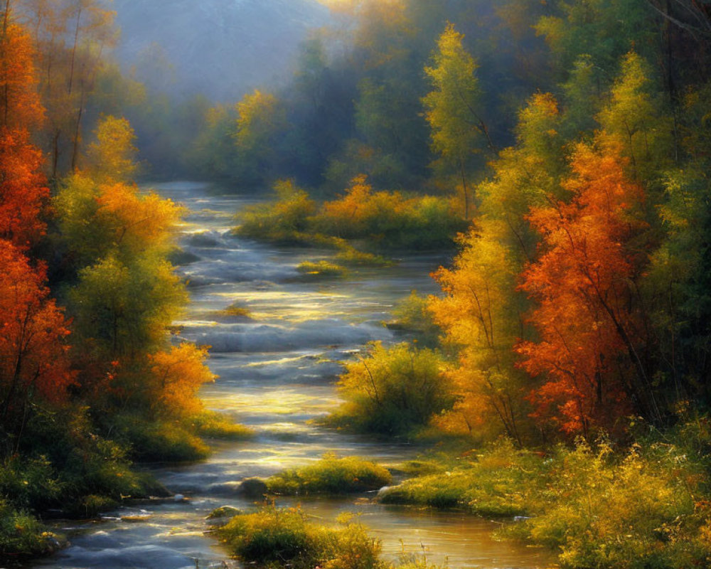 Colorful Autumn River Scene with Mountain Backdrop