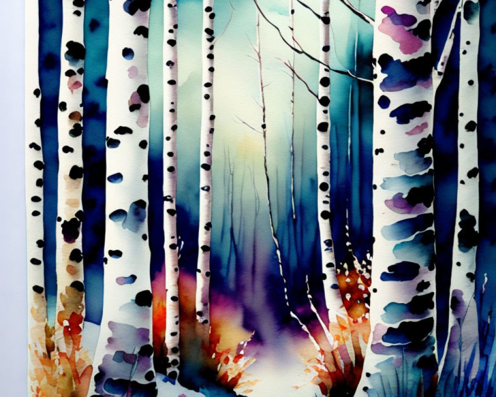 Vibrant watercolor painting of birch forest with colorful shadows