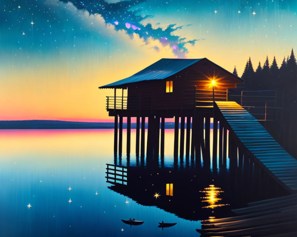 Tranquil lakeside scene at twilight with stilted house, canoe, and starry sky