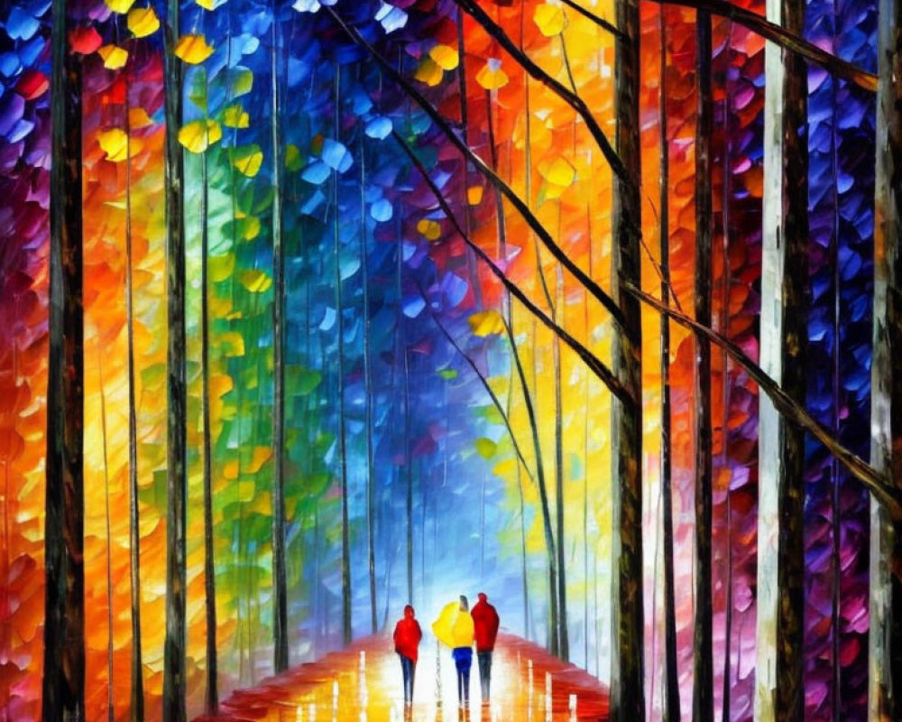 Colorful Autumn Forest Painting with Three People Walking