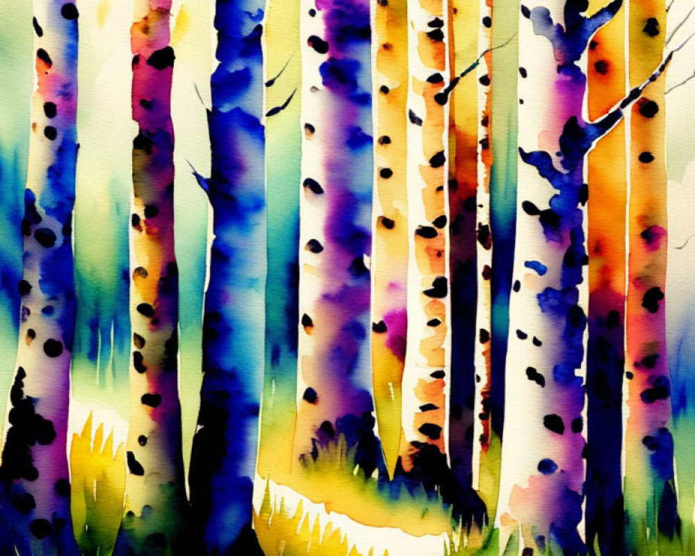 Colorful Watercolor Painting of Birch Forest with Purple, Blue, and Orange Trunks