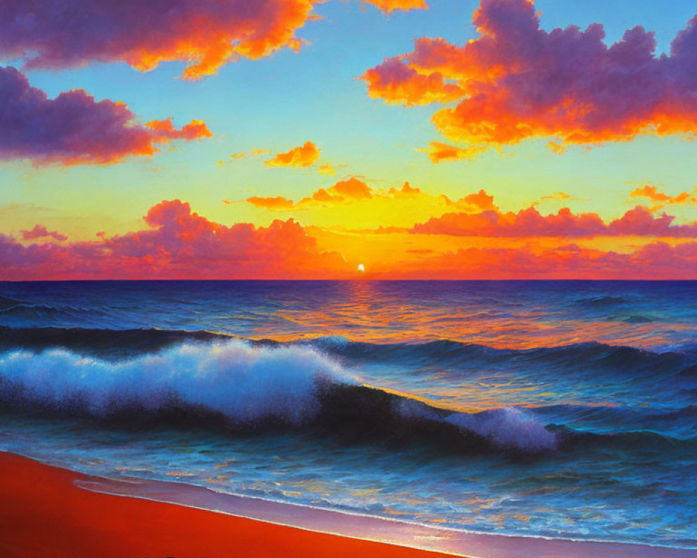 Scenic ocean sunset with orange and blue skies and crashing waves