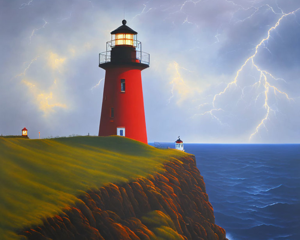 Vibrant red lighthouse on grassy cliff under stormy sky