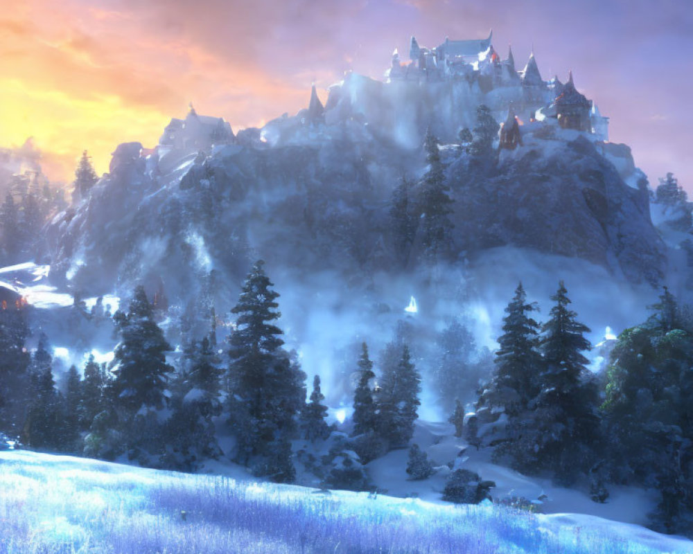 Snowy mountain castle at sunset with frosty meadow and misty forest