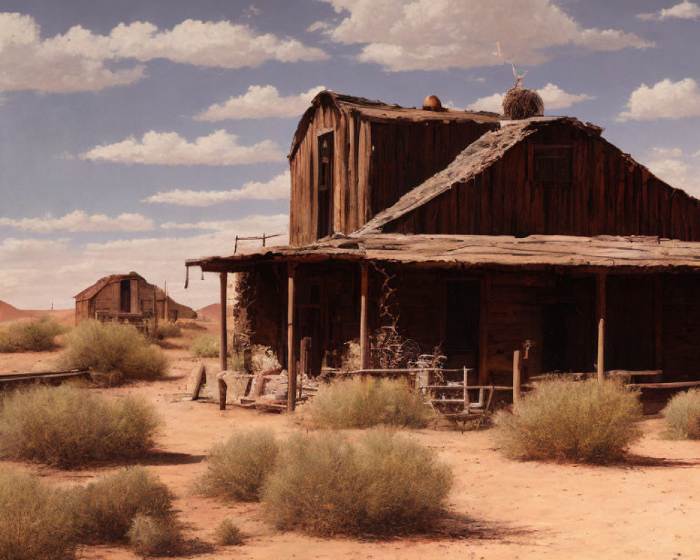 Desert Ghost Town: Weathered Wooden Buildings, Tumbleweeds, and Arid Landscape