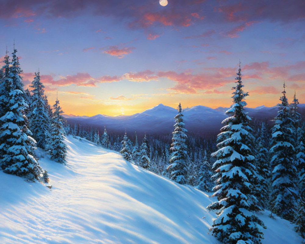 Snow-covered pine trees in serene winter sunset scene.