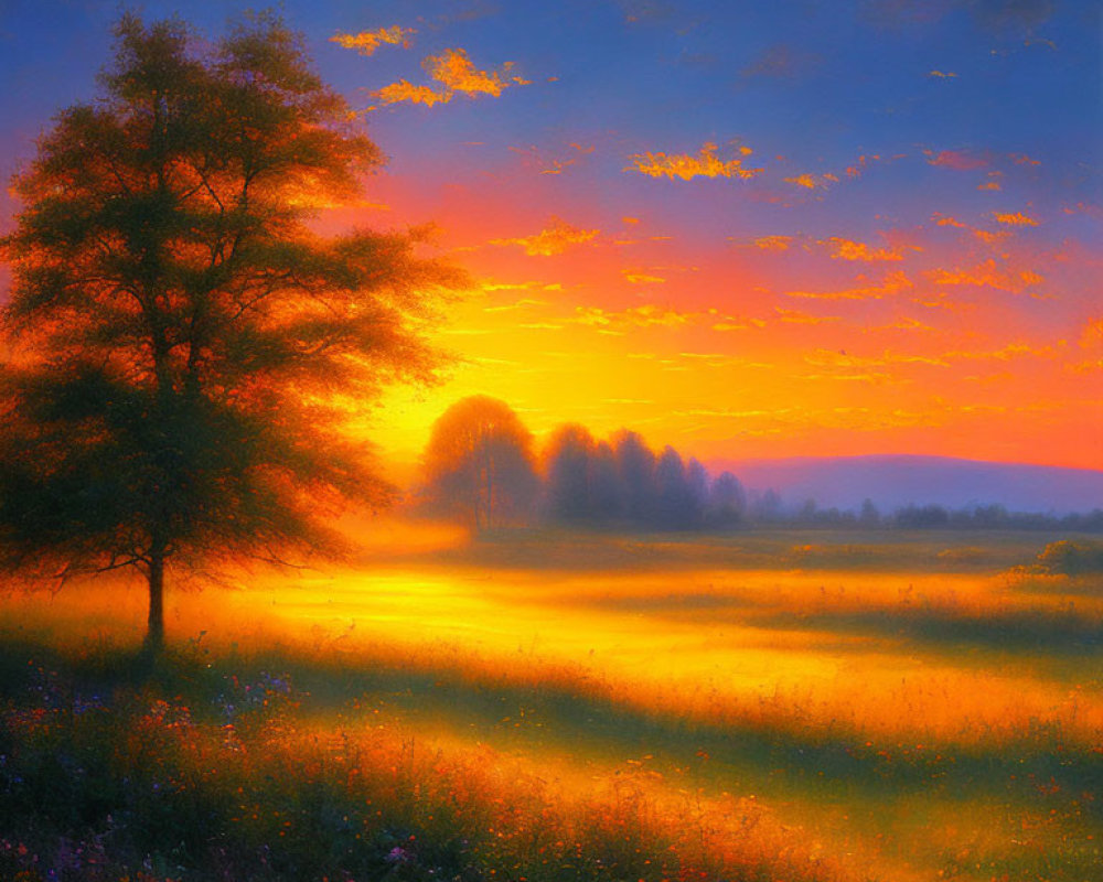 Serene sunset painting with golden sky and solitary tree