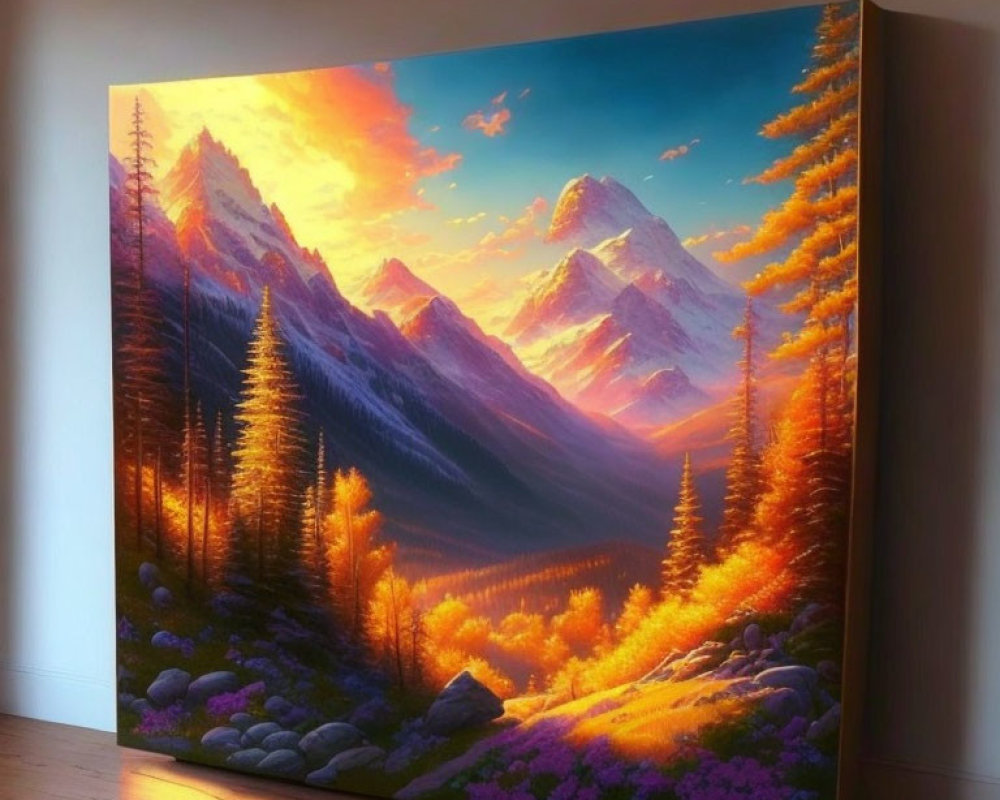 Mountainous Landscape Painting at Sunset with Golden Hues on Easel