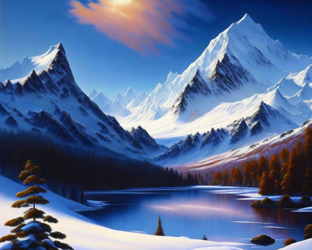 Snowy Landscape with Lake, Mountains, Trees, and Twilight Sky