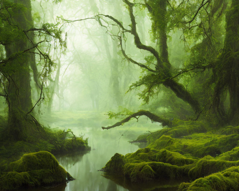 Serene forest scene with mist, moss, and twisted trees by calm stream