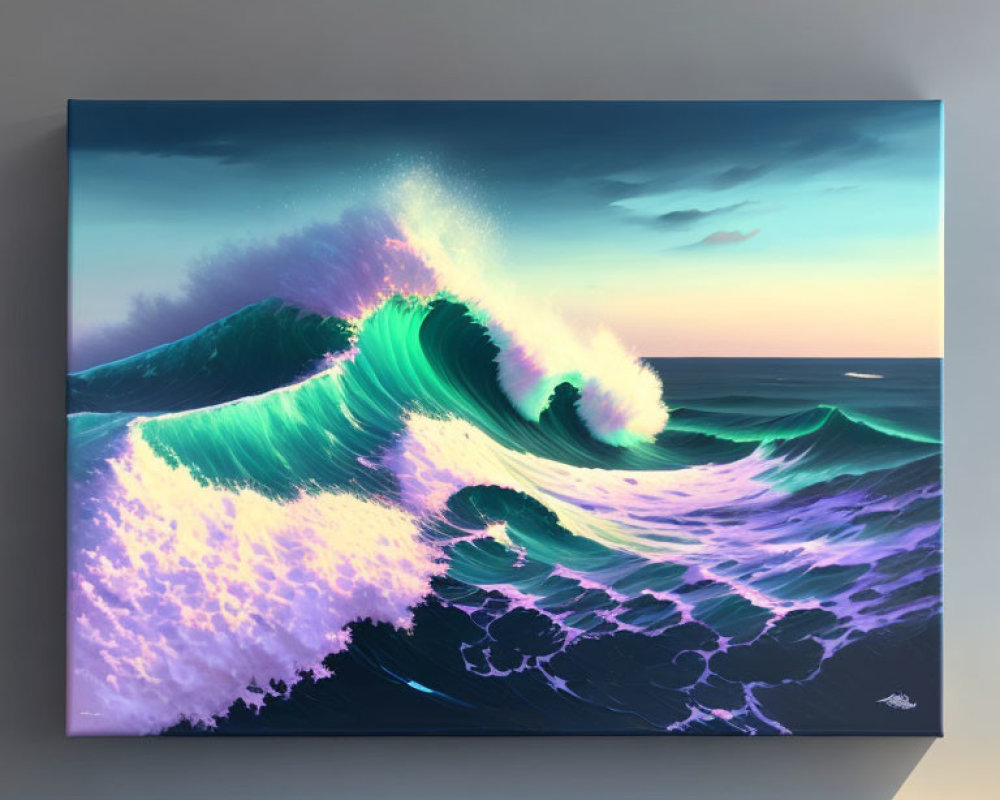 Teal Wave Cresting Against Serene Sky Canvas