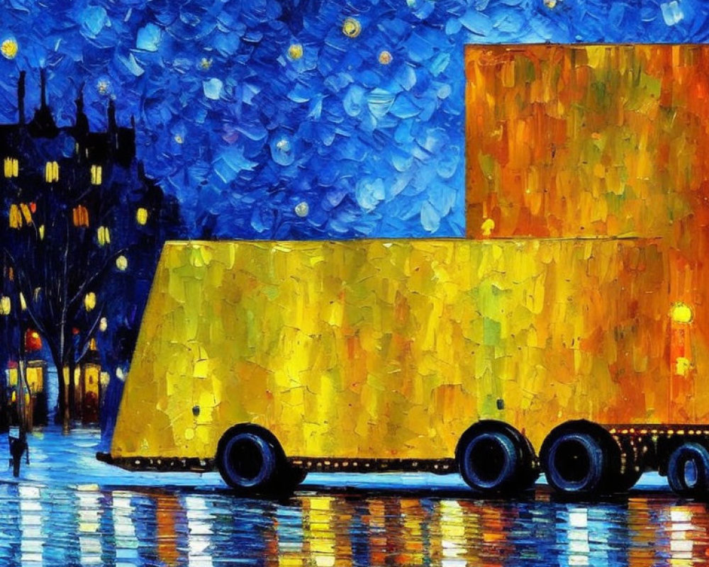 Impressionistic painting: Yellow truck on wet city street at night