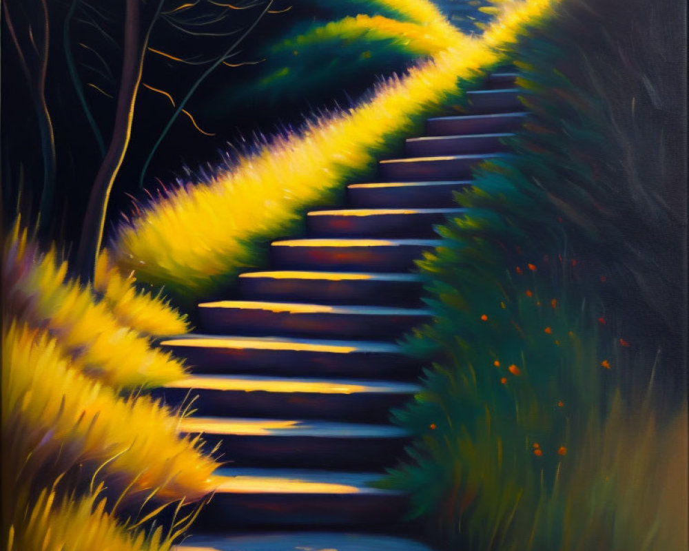 Stone staircase in vibrant forest with sunlight filtering through trees