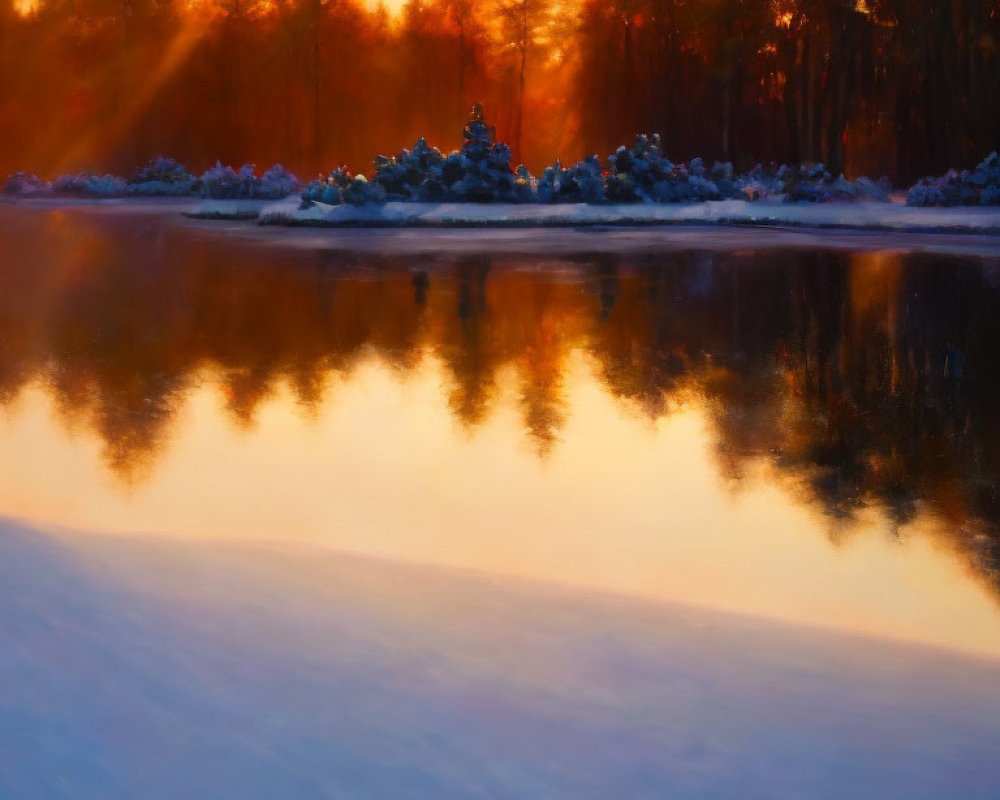 Snow-covered Ground, Calm Lake, Sunset Glow: Winter Scene with Golden Trees