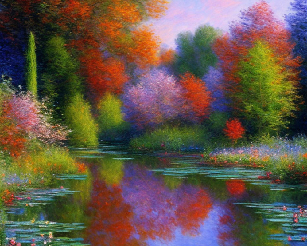 Colorful autumn trees reflected in tranquil pond - red, orange, purple hues.