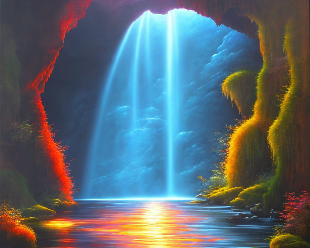 Vibrant painting of mystical cave with waterfall and lush greenery