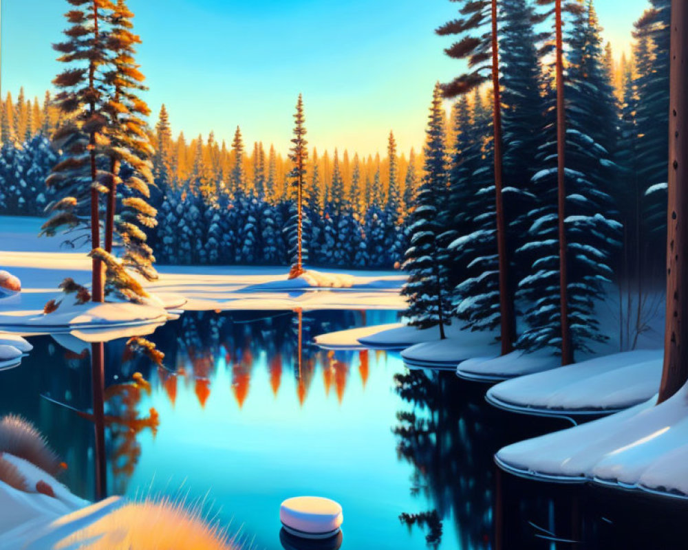 Snow-Capped Trees Reflected in Frozen Lake at Sunrise or Sunset