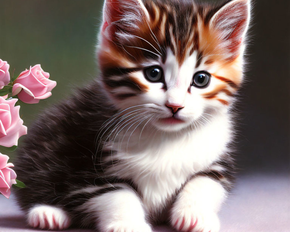 Striped Brown and White Kitten with Pink Roses in Curious Pose