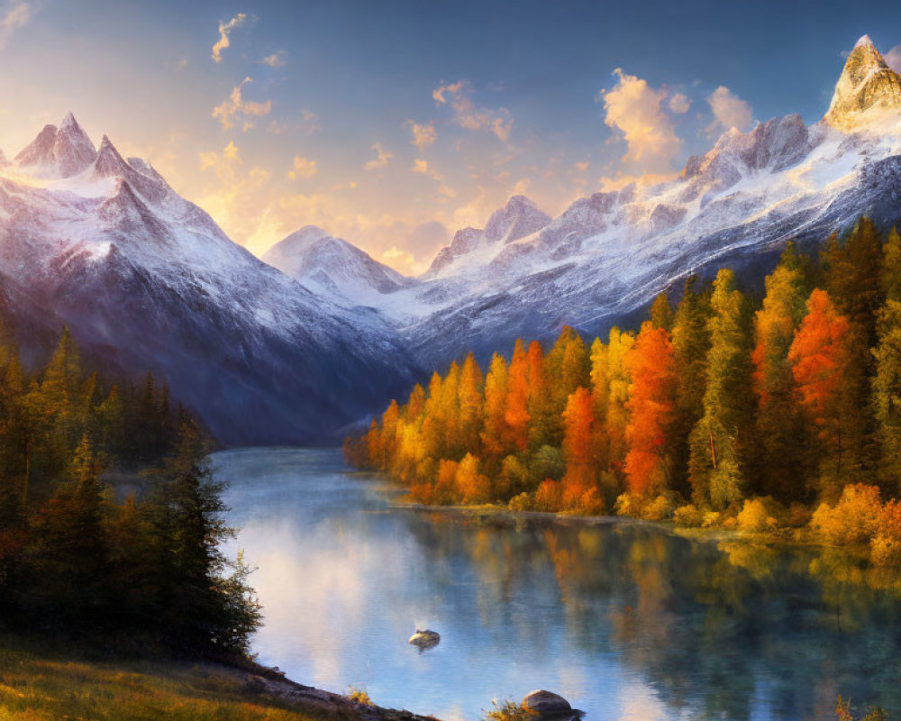 Scenic autumn landscape with vibrant foliage, tranquil lake, snow-capped mountains, and sunset reflections.