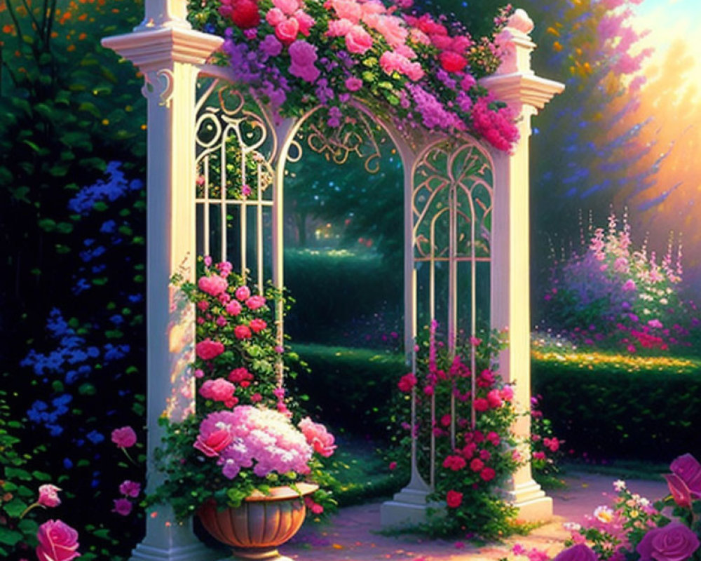 White Garden Arch with Pink and Red Roses and Green Foliage Under Sunlight