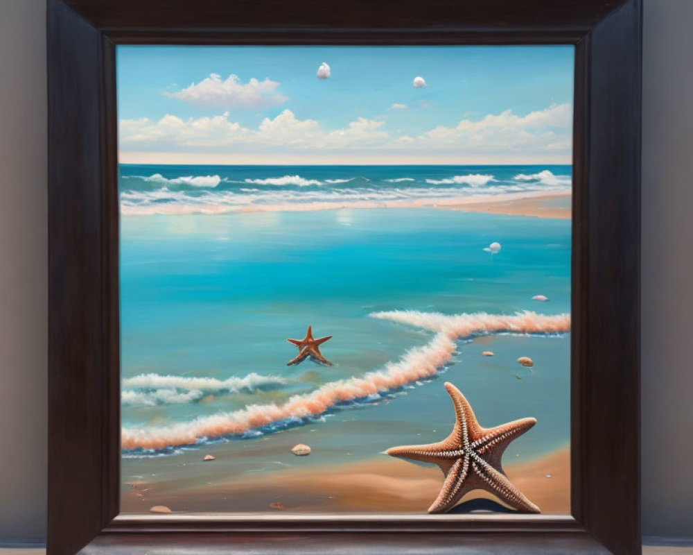 Framed painting of serene beach with waves, clear sky, seashells, and 3