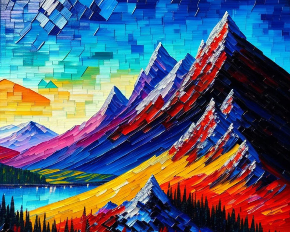 Vivid Geometric Mountain Landscape Painting in Bold Hues