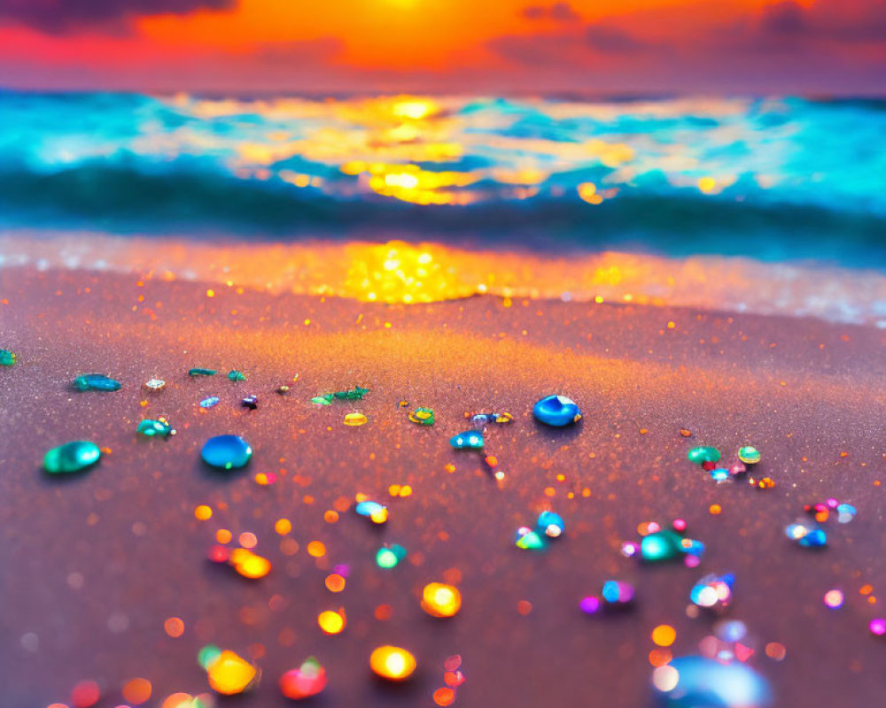 Colorful gem-like stones on sandy beach at sunset