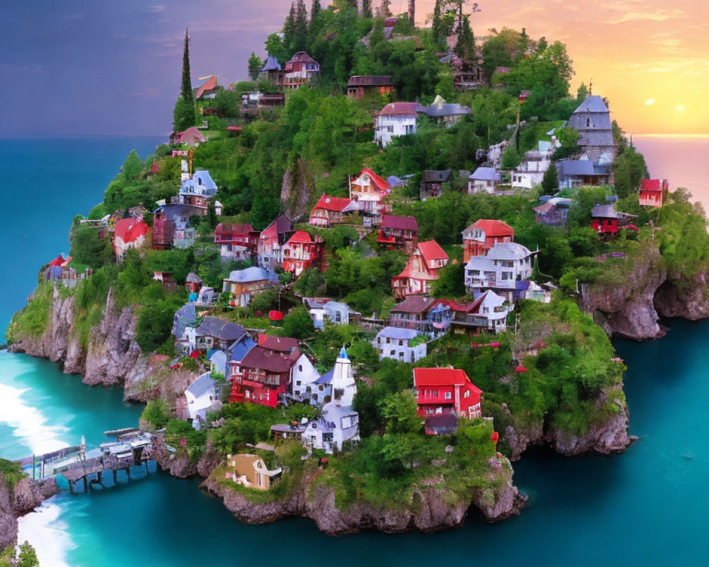 Scenic cliff village with colorful houses and sunset skies