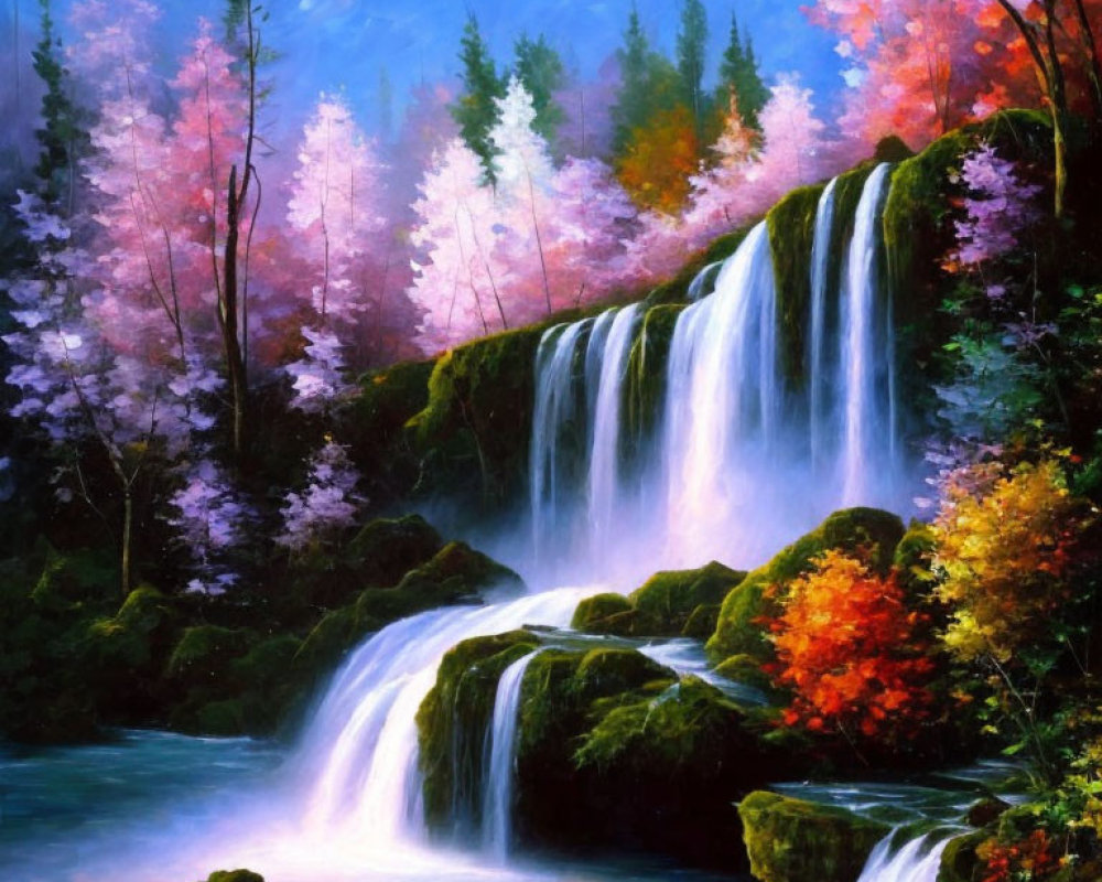 Colorful autumn waterfall painting with pink hues in lush forest landscape