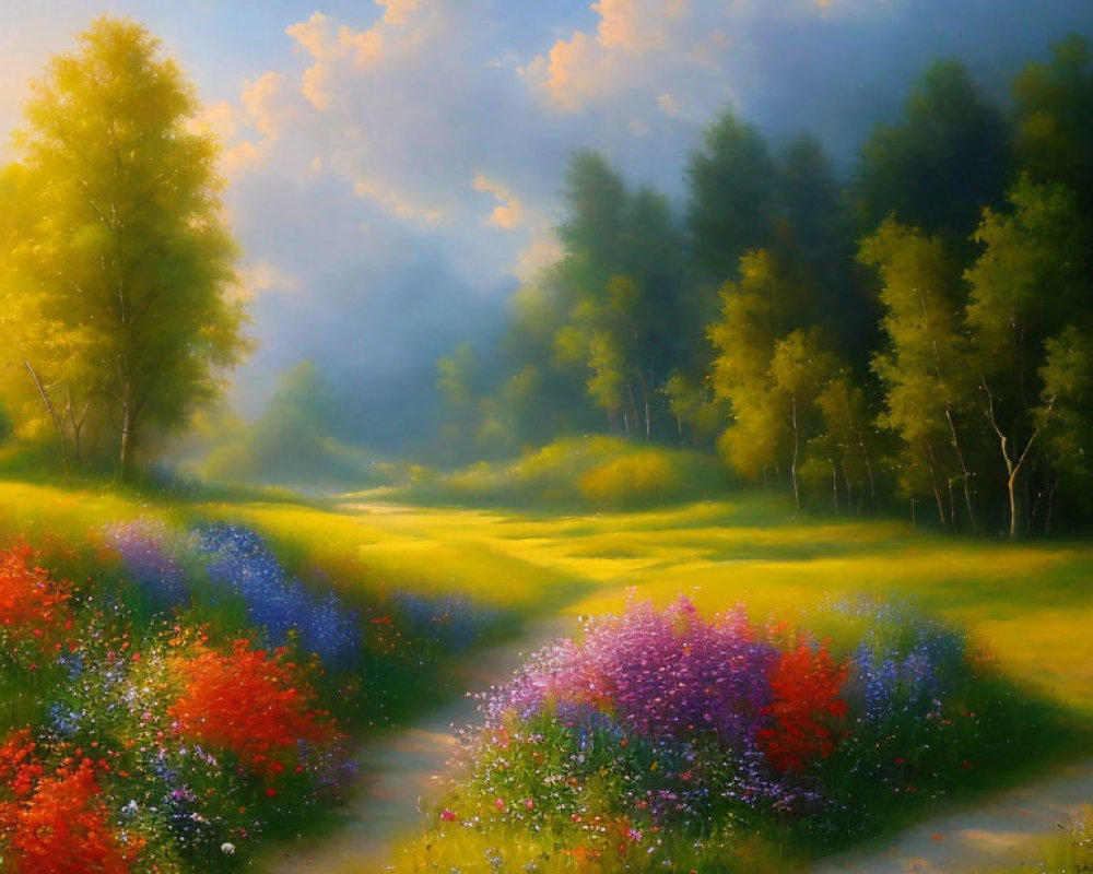 Tranquil landscape painting with winding path through flowering meadow