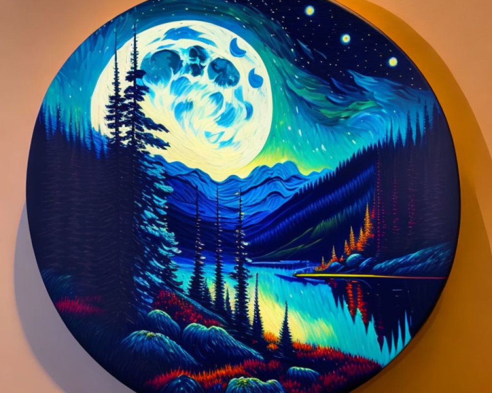 Circular Night Scene Painting with Moon, Stars, Trees, Mountains, and Canoeing Person