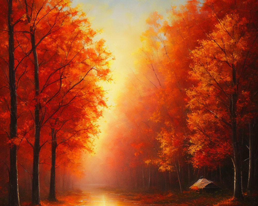 Golden-red trees lining path in misty autumn scene with small tent.