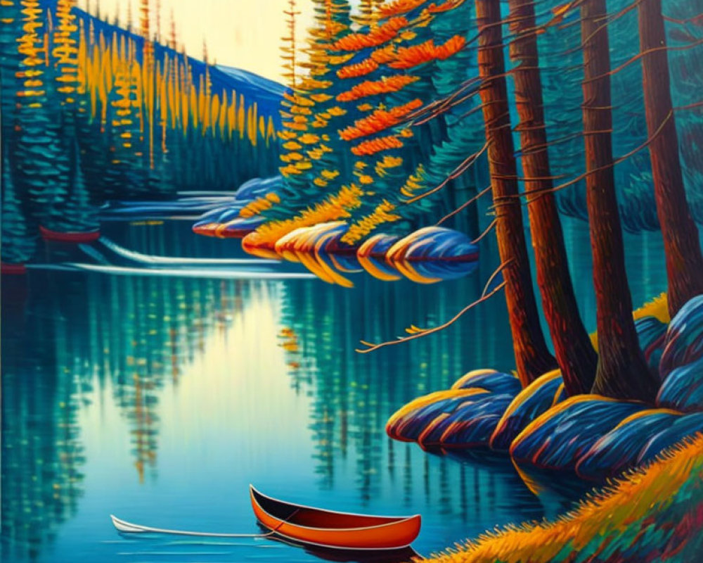 Colorful Stylized Forest Scene with Red Canoe by Calm Blue Lake