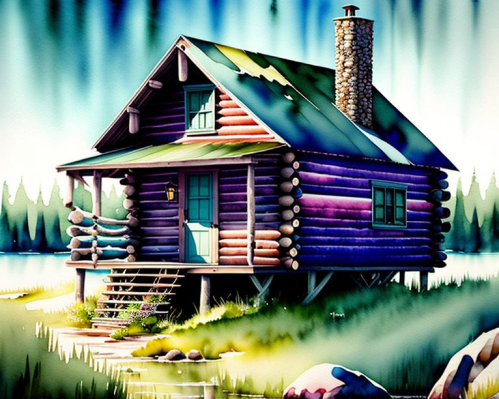 Vibrant log cabin illustration by serene lake