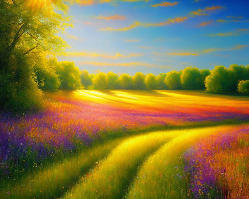 Bright Sun Over Purple Flowers and Green Trees Landscape