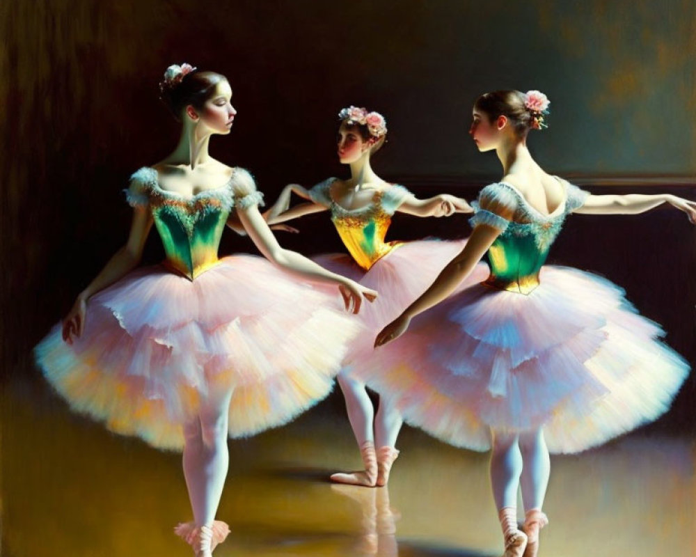 Three Ballerinas in Tutus Dancing on Stage with Dark Backdrop