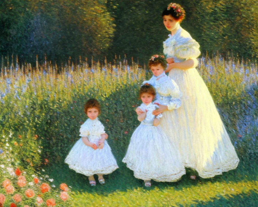 Impressionist painting of woman and children in sunlit garden