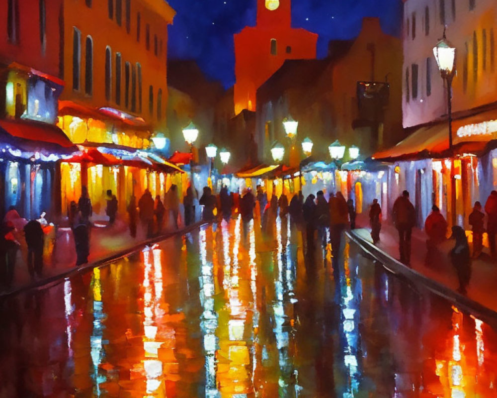 Colorful painting of night street scene with clock tower & reflections