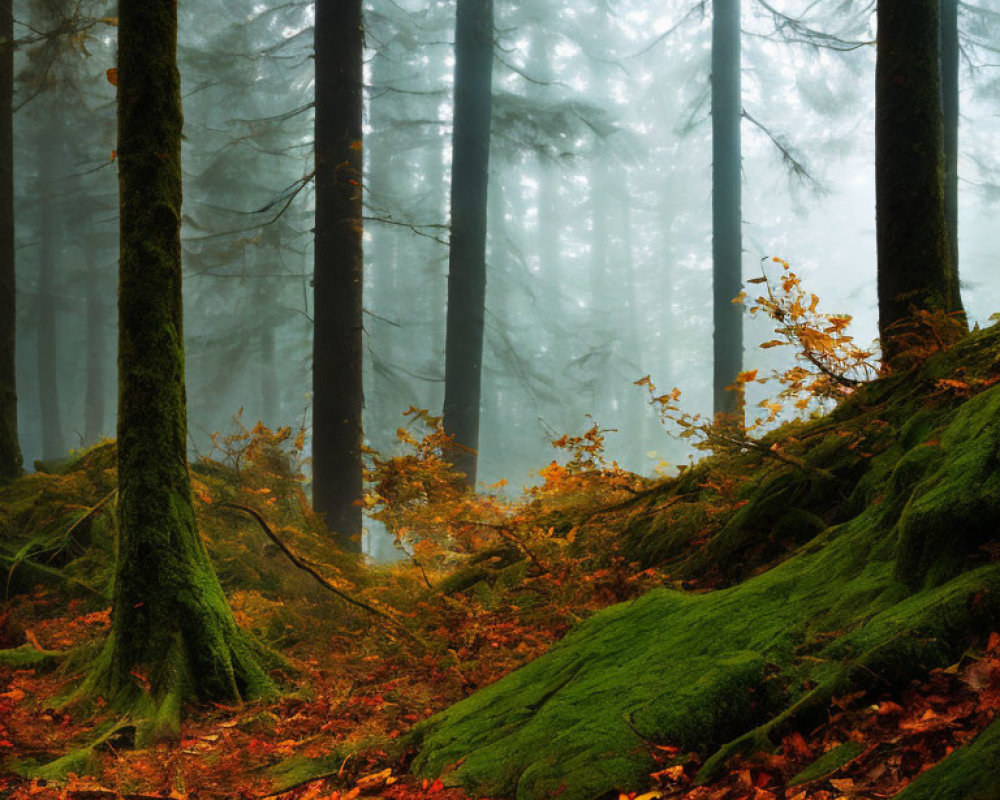 Mysterious Autumn Forest with Tall Trees and Moss-Covered Rocks