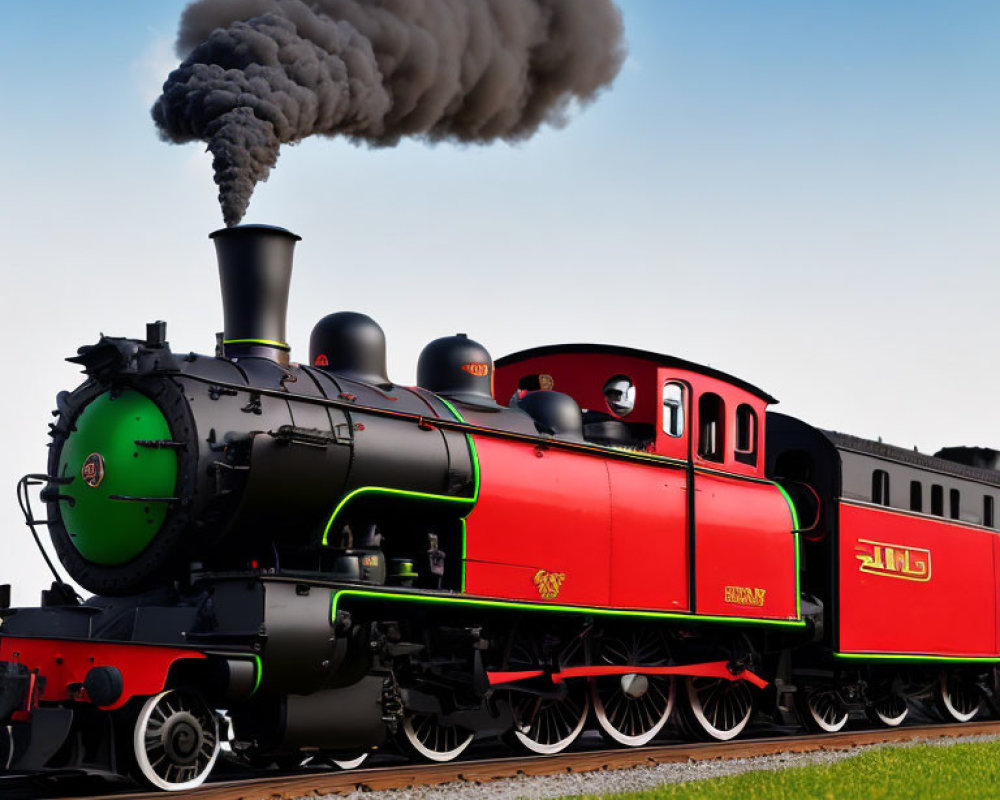 Vintage steam locomotive with "HOGWARTS" on side, emitting dark smoke against clear