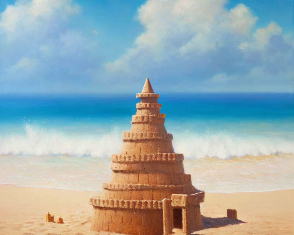 Detailed Sandcastle with Multiple Tiers on Beach Shore