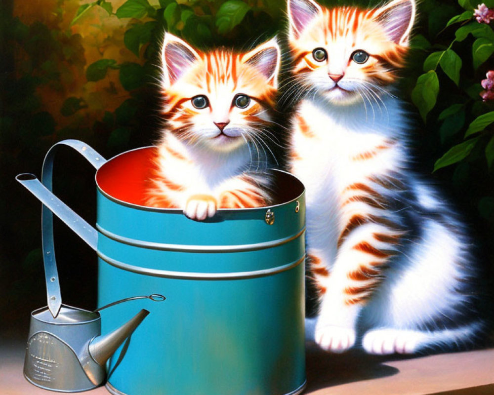 Orange and white kittens with blue watering can and bucket in lush garden scene