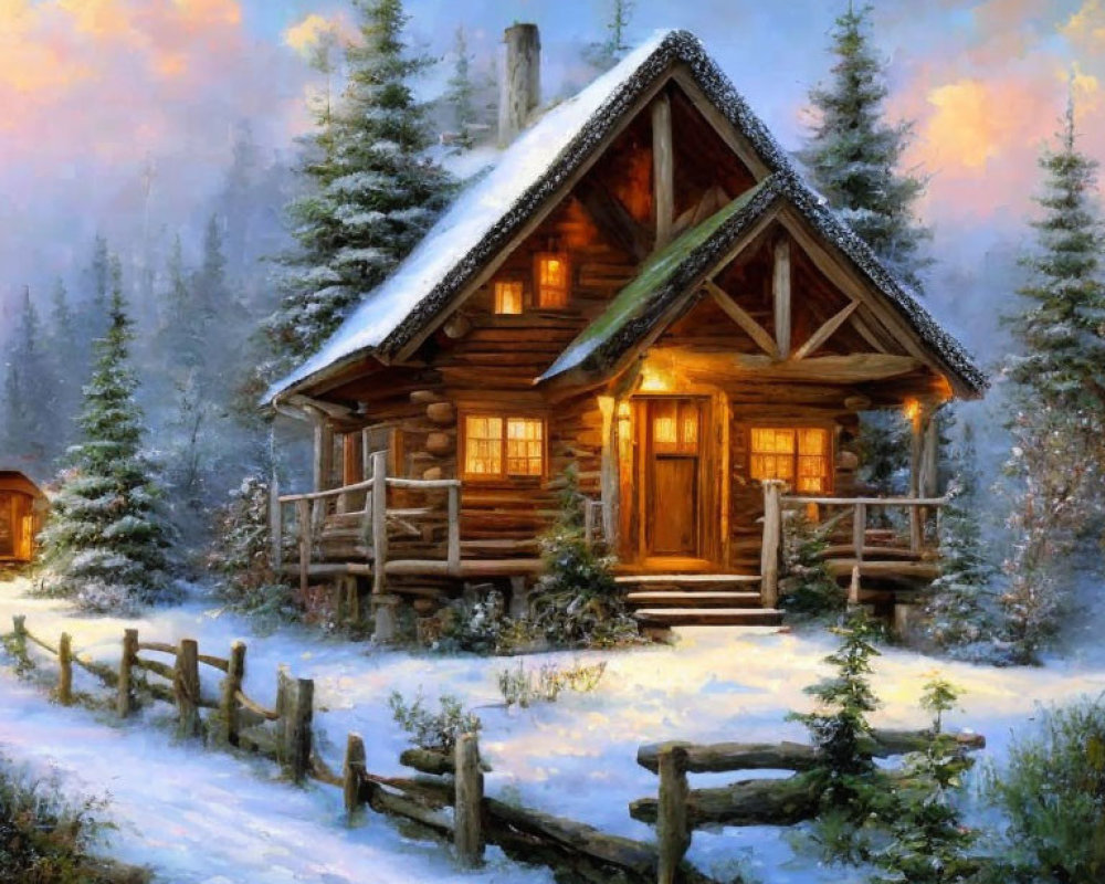 Snowy landscape with cozy log cabin and pine trees